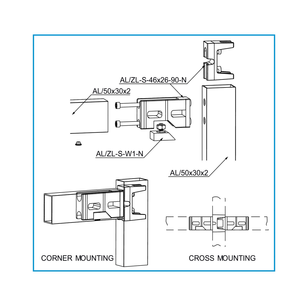 Corner connector 46x26 for profile 50x30