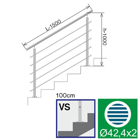 Nerezové zábradlie na schody, 1500x1000mm, VS
