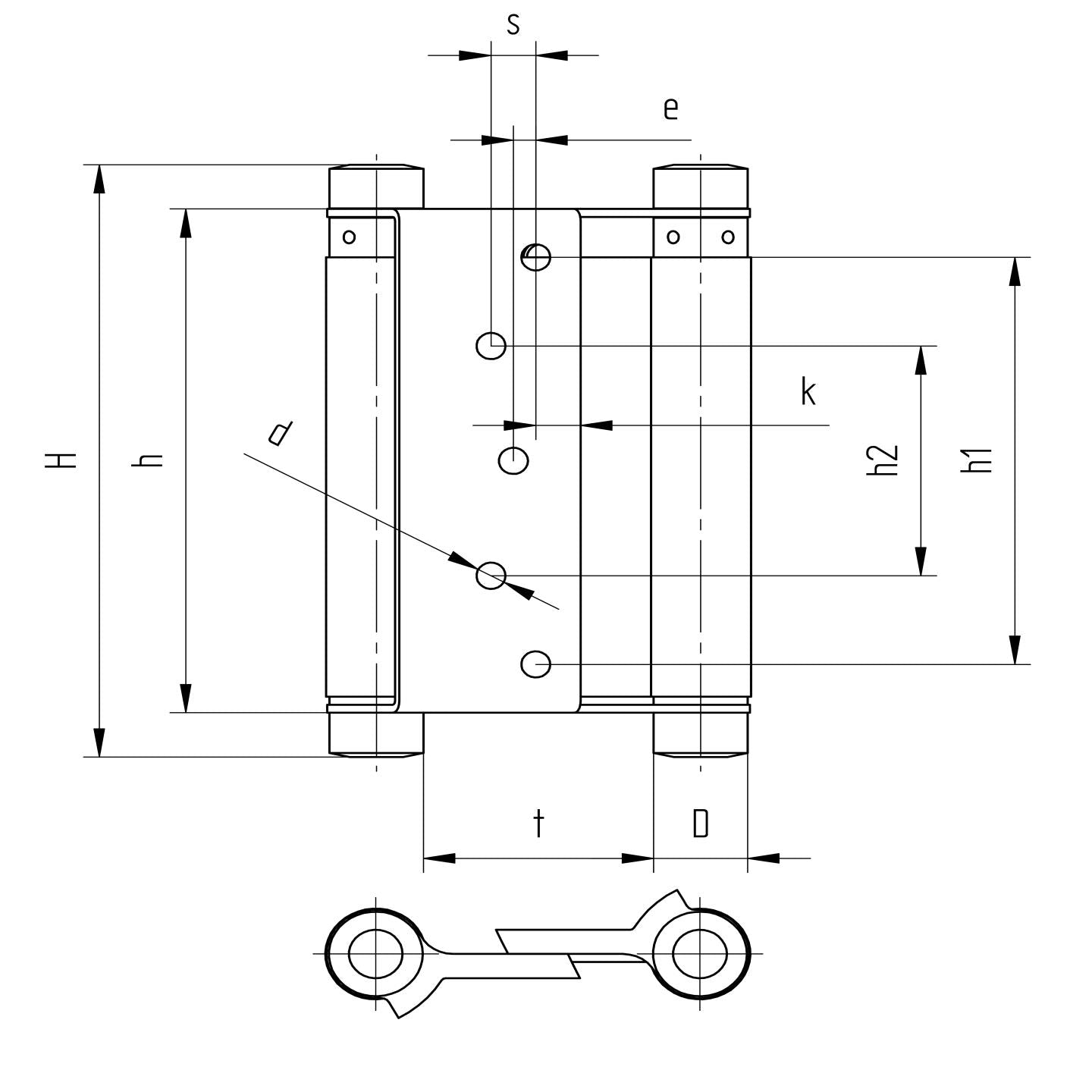 Záves pružinový obojstranný, Fe, L=125mm
